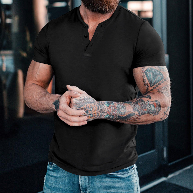 2023 Trendy Herrenmode Europäische Größe 6XL Button Henry Rundhals Kurzarm Slim Fit Einfarbiges T-Shirt_voghion.com