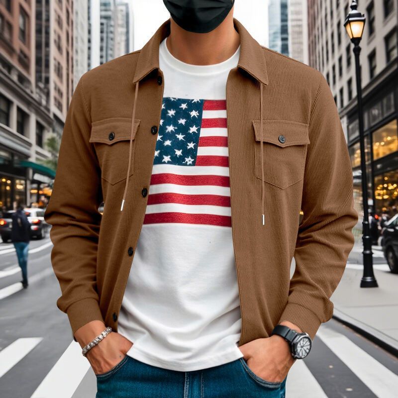 Autumn American Heavy Corduroy New Simple Versatile Multi Pocket Long Sleeved Stand Up Collar Jacket Men's Clothing_voghion.com