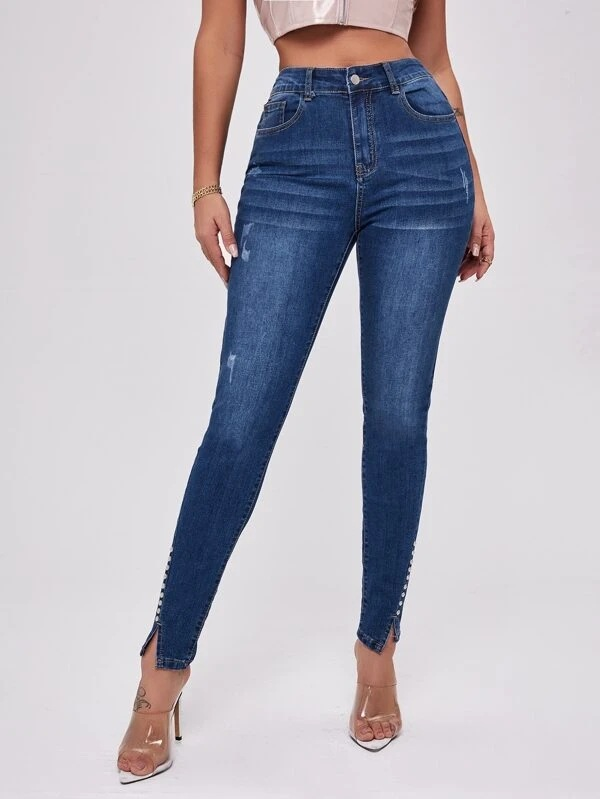 Women's Clothing Split Beaded Stitching Slim High Waist Stretch Jeans Women's Trousers_voghion.com