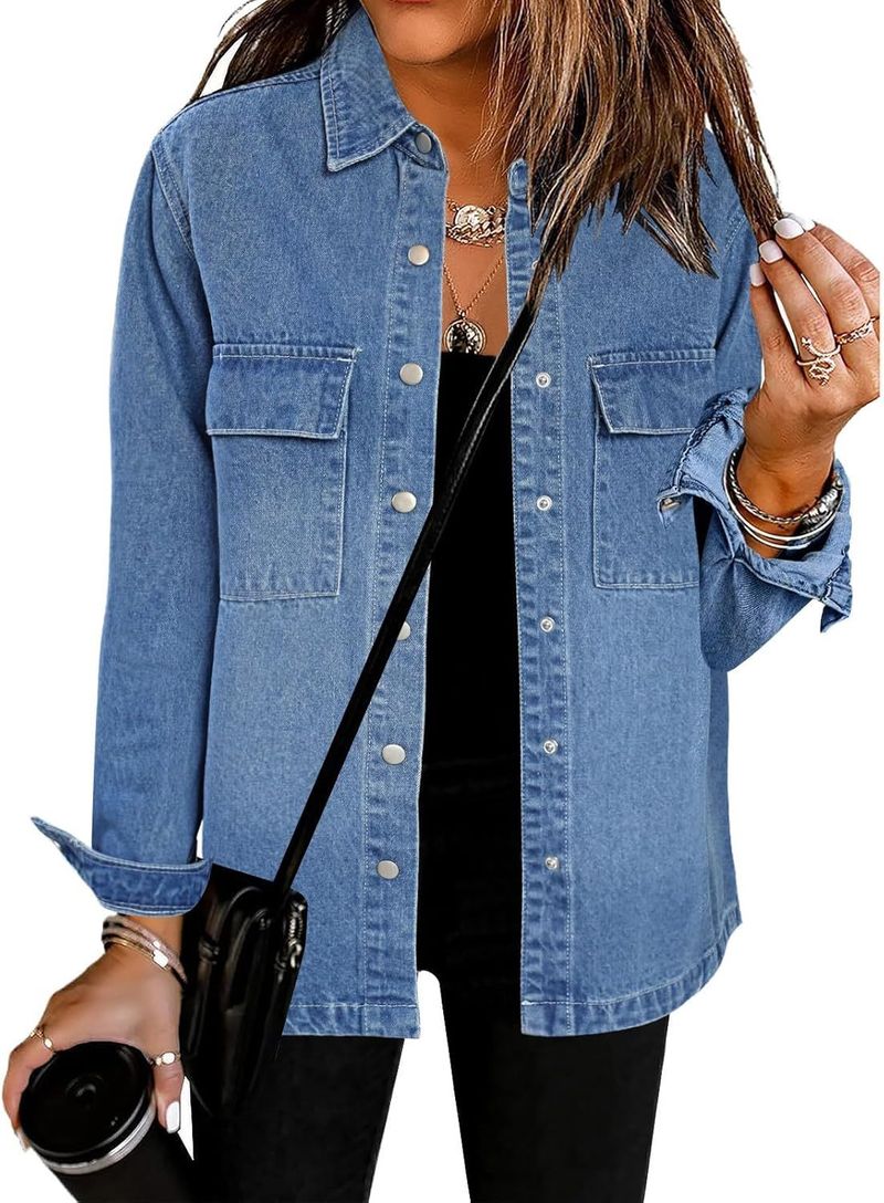 Stylische Button-Down-Jeansjacke für Damen – Klassischer, lockerer Schnitt, mittellanger Mantel aus Baumwollmischung mit Taschen (Hellblau, Vintage-Blau, Dunkelblau)_voghion.com