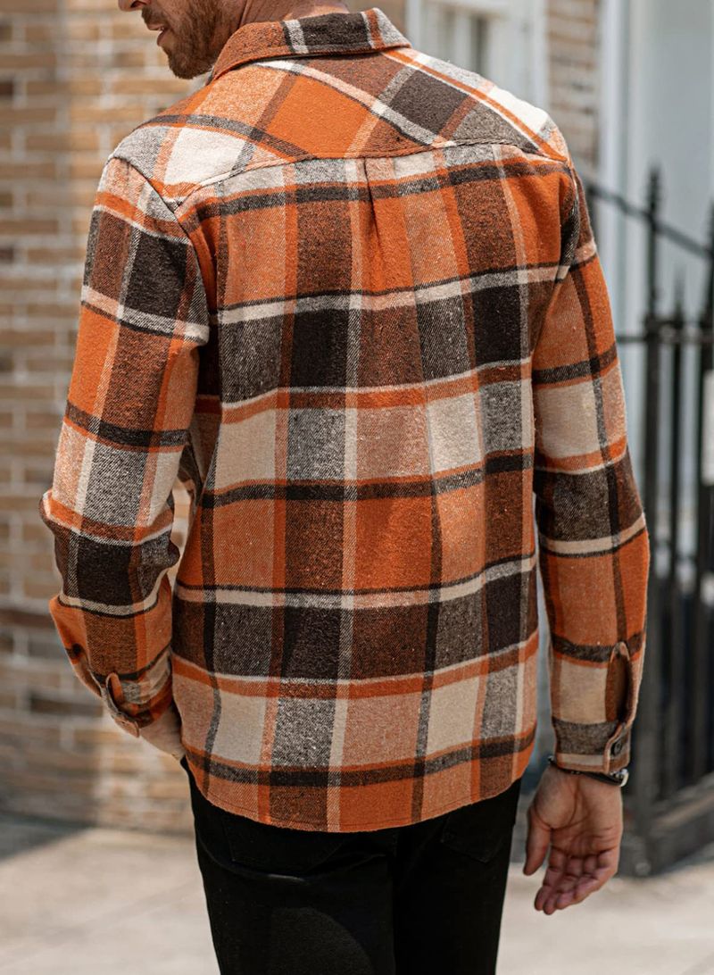 Herrenbekleidung kariertes Hemd langärmlige Knopf-Freizeitjacke_voghion.com