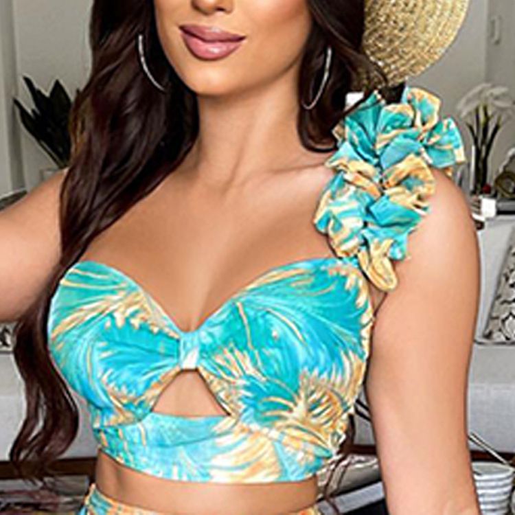 Damen Sommer neue bedruckte One-Shoulder-Ärmel zweiteilige sexy Rockanzüge_voghion.com