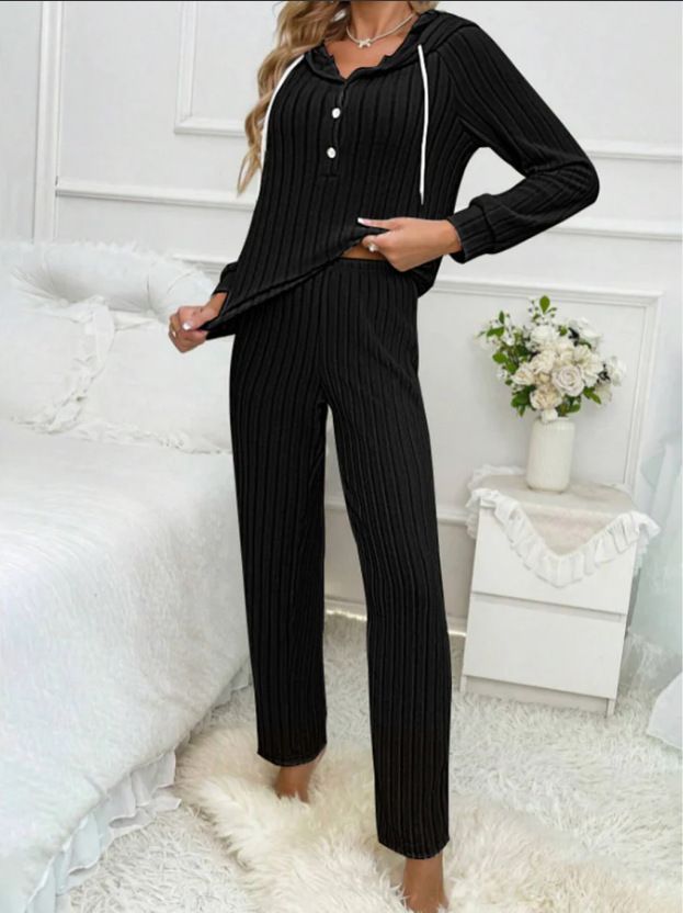 Women's Casual Ribbed Fleece Hooded Button-Up T-Shirt & Pants Lounge Set - Soft Comfortable Home Wear Outfit_voghion.com