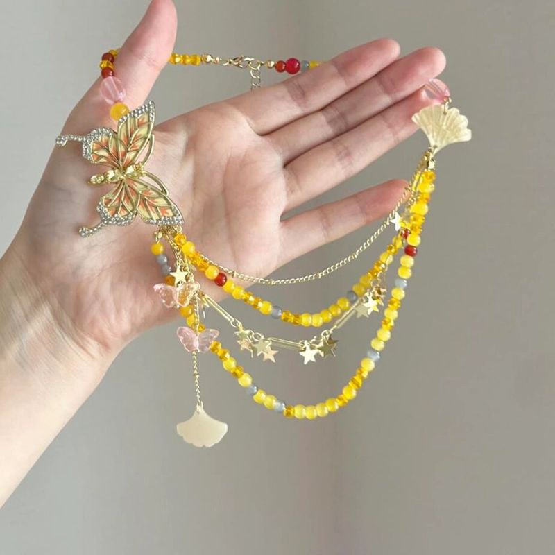 Collana con perline a farfalla gialla Super Fairy, catena per clavicola con frange multistrato primaverile ed estiva_voghion.com