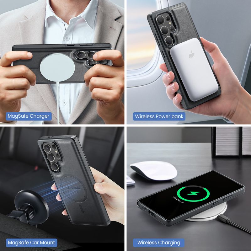 2-in-1-Hülle für Samsung Galaxy S25 S24 Ultra Plus FE Kabelloses Ladegerät Brieftasche Lather Card Pocket Magnetische Kickstand-Hülle_voghion.com