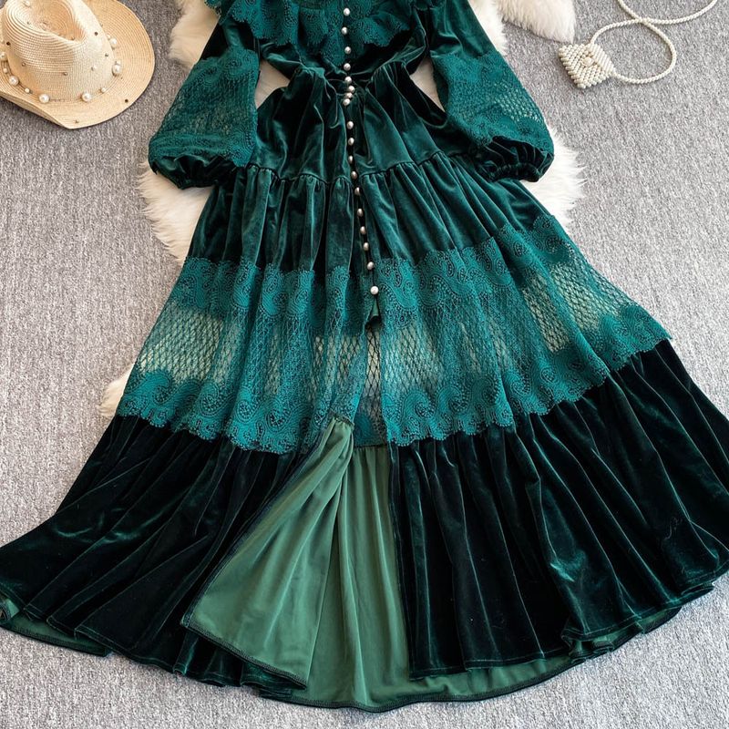 Falda larga de terciopelo con cuello alto, encaje y perla de una sola botonadura para mujer_voghion.com