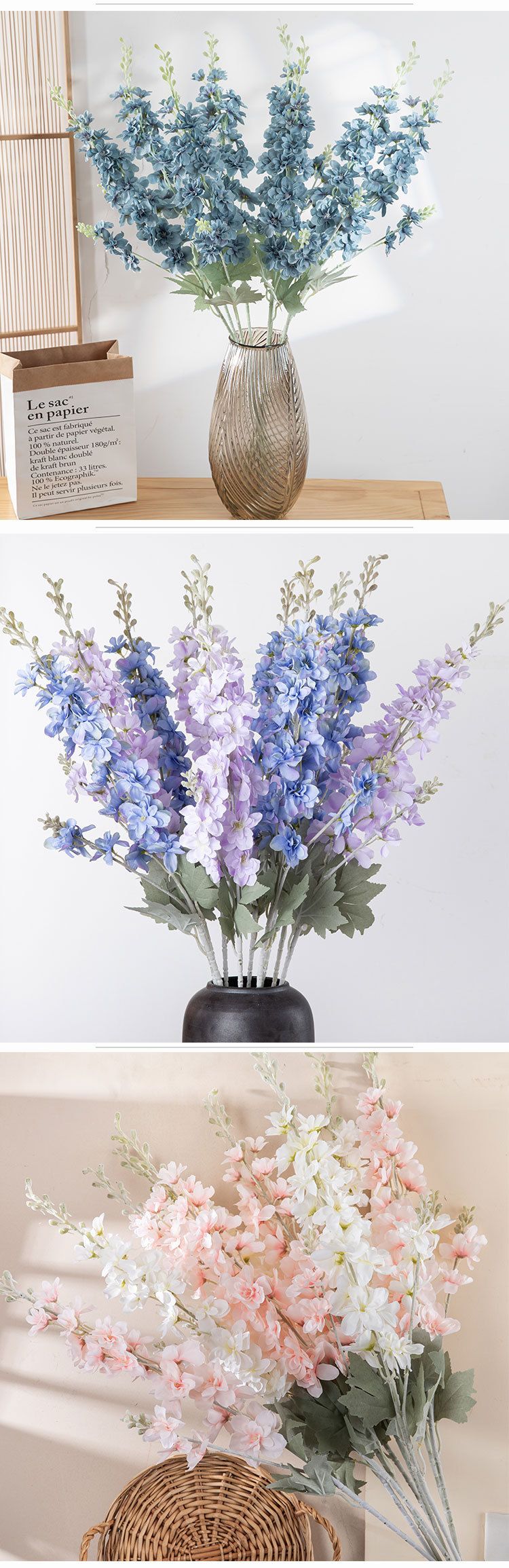 Simulação de delphinium flor decoração para casa casamento buquê de mão rosa parede_voghion.com