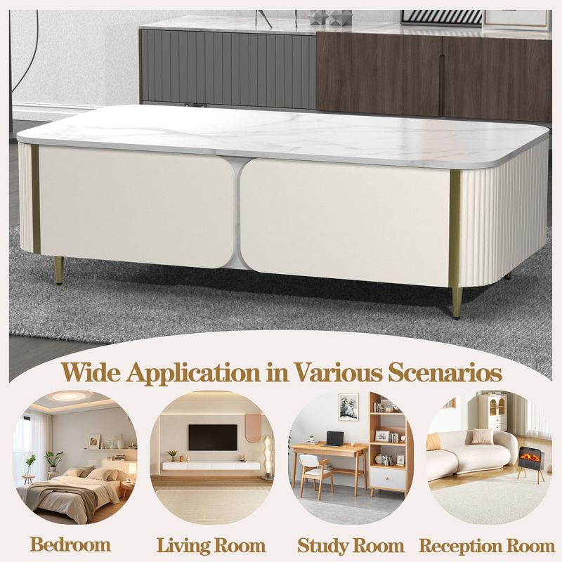 1pc Modern Luxury Coffee Table, 51.1" Rectangle Coffee Table With Drawer, Marble Top, Curved Profile Design, Gold Metal Decor, Center Table For Living Room,Side Table For Apartment_voghion.com