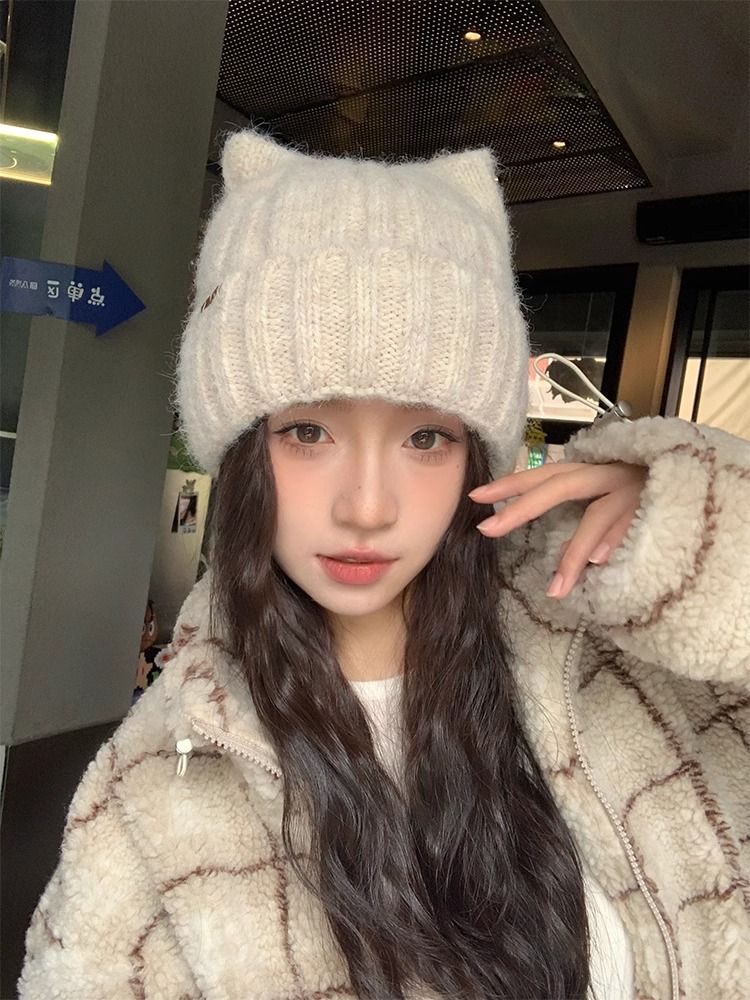 Cat Ear Knitted For Women, Autumn And Winter New Japanese Style Warm Cute Knit Hat, Korean Version Thickened Versatile_voghion.com