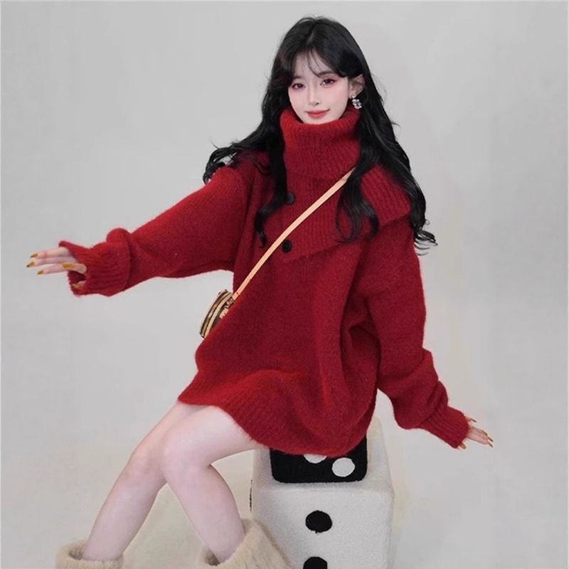 girl Christmas Red Turtleneck Knitted Sweater Scarf Two-Piece Set For Women Autumn Winter High-End Lazy Thickened Outerwear_voghion.com