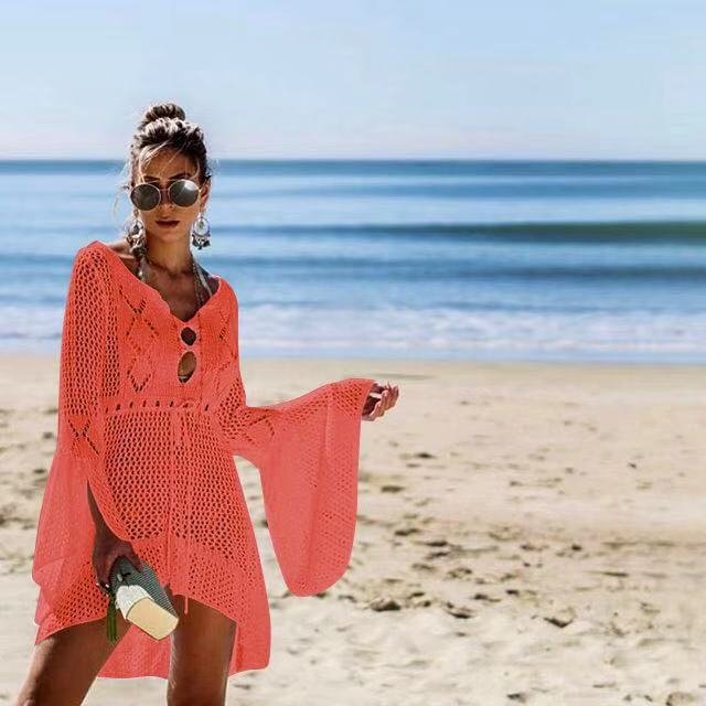Traje de baño de bikini de vacaciones para cubrir la playa calado de punto camisa de protección solar para mujer ropa de protección solar_voghion.com