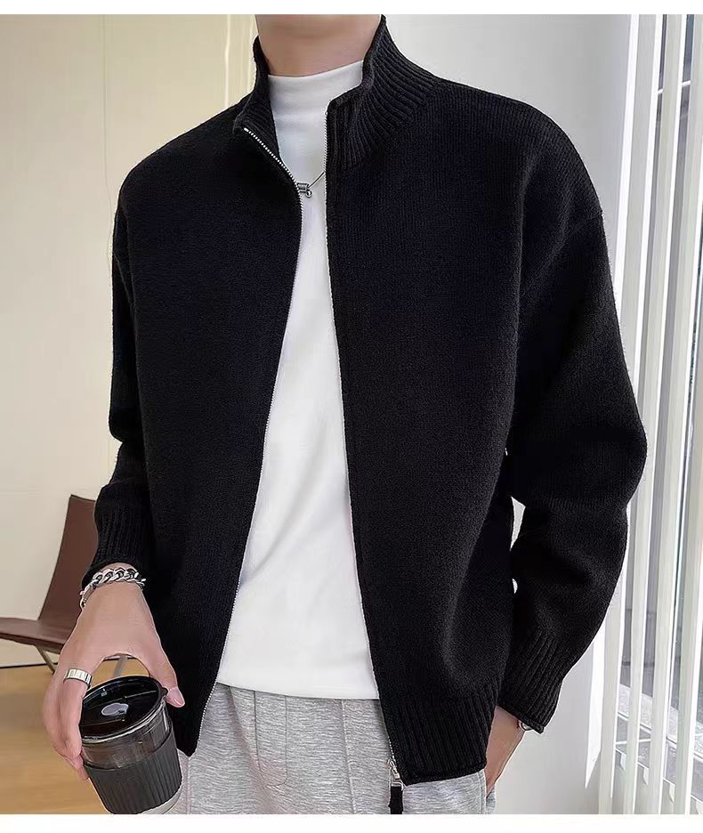 Men's British-Style Knit Jacket - Zip-Up Stand Collar Sweater (Black/Mustard/Green, M-XXXL)_voghion.com