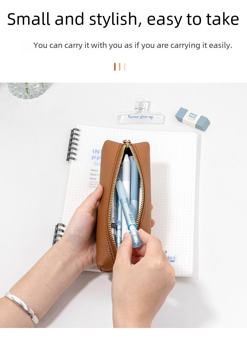 Estojo de couro simples para lápis, bolsa para armazenamento de canetas de escritório, caneta de assinatura, bolsa portátil com zíper à prova de vazamentos para artigos de papelaria_voghion.com