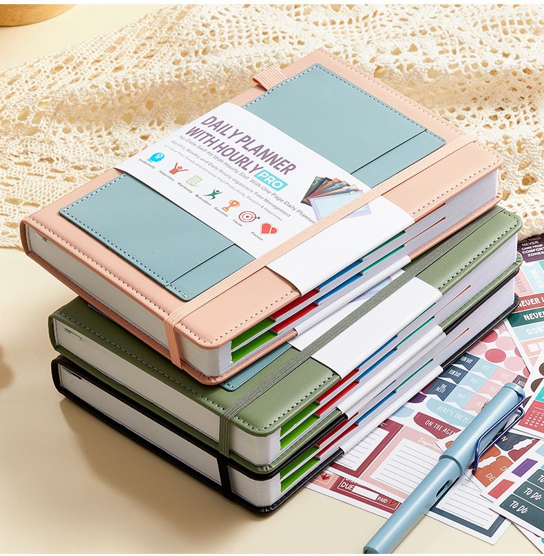 Undated Daily Planner Notebook With Elastic Band & Stickers – PU Leather Cover, 200 Sheets Of 80G High-Quality Paper_voghion.com