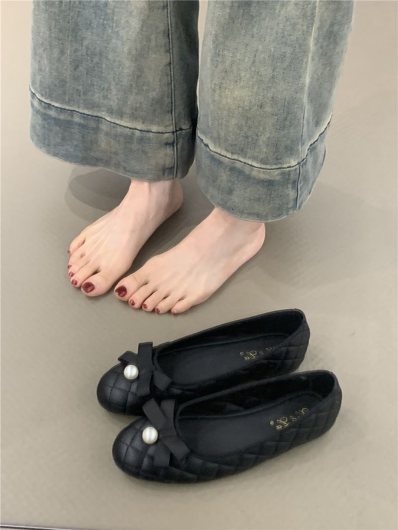 Flache Unterseite Schwarze Ballettschuhe Neues Temperament Eleganter runder Kopf Flacher Mund Weiche Sohle_voghion.com