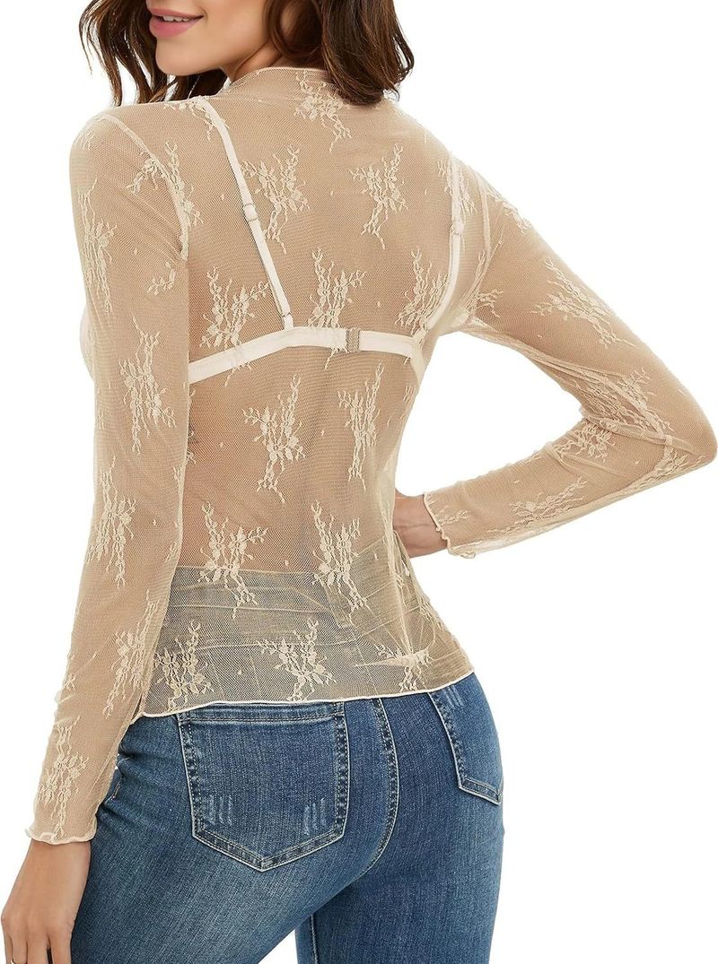 Women's Clothing Half High Neck Perspective Long Sleeved T Shirt Sexy Mesh Top_voghion.com