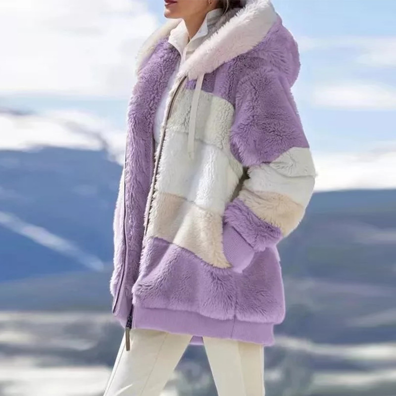 Abrigo de felpa de invierno 2021 para mujer, chaqueta con capucha y cremallera, informal, de gran tamaño, con cuadros, de piel, cálida, parka para mujer_voghion.com