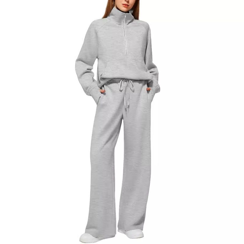 2025 Women's Two-Piece Oversized Half-Zip Sweatshirt Wide-Leg Sweatpants Casual Set_voghion.com