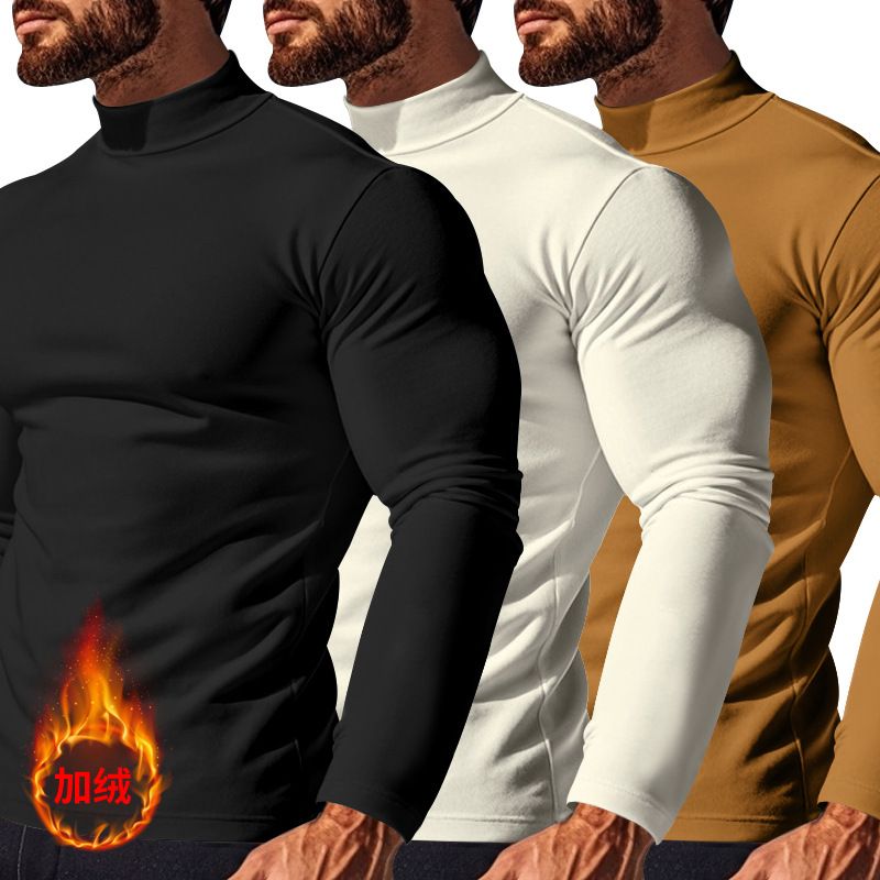 Autumn Winter Thermal Long Sleeve T-Shirt Skin-Friendly Soft Base Layer Half Turtleneck Men's Three-Piece Set_voghion.com