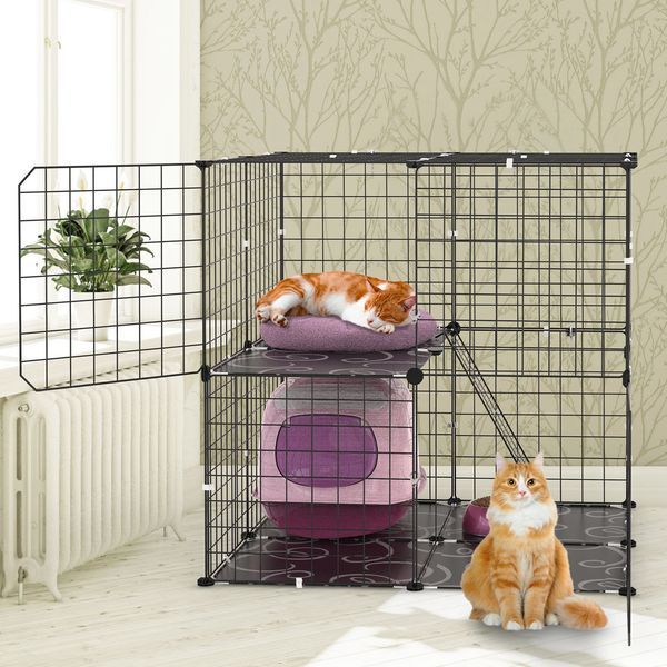 2Tier Cat Cage Playpen Indoor Pet Enclosures Kitten Kennel House Detachable Cat Crate With Climbing Ladder 2 Doors For 1-2 Cats For Ferret Squirrel_voghion.com