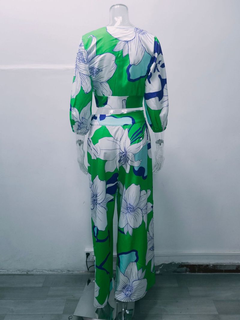 Damen bedruckter Modeanzug mit V-Ausschnitt, Laternenärmel, kurzes Oberteil, hohe Taille, weites Bein, Hose, zweiteiliges Set_voghion.com