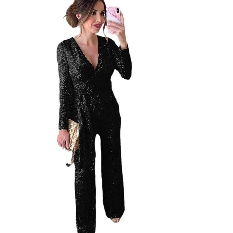 Glitter Sequin Wrap V-Neck Jumpsuit For Women - Stylish Long Sleeve Belted Romper, Casual & Party Outfit (Black, Silver,)_voghion.com