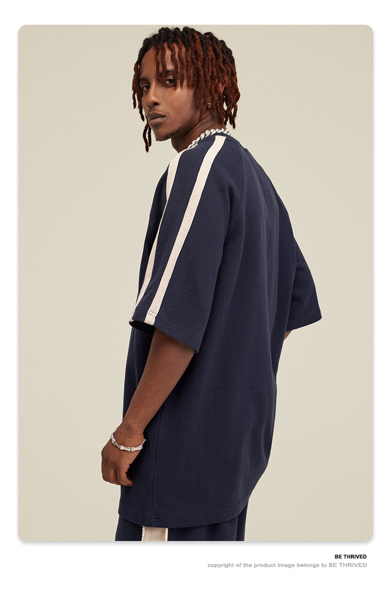 Herrenbekleidung Mode Waffel Farbkontrast große T-Shirt Männer einfarbig Halbarm_voghion.com