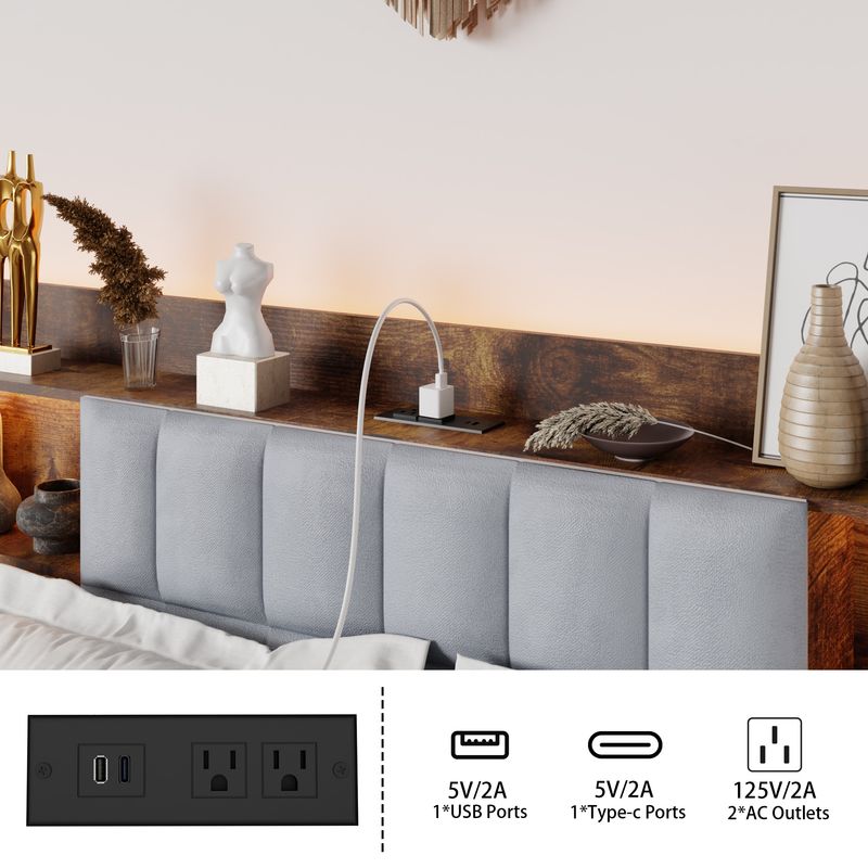 Queen Size Bed Frame With 2 Storage Drawers And LED Lights Headboard, Upholstered King Bed Frame With Charging Station, No Box Spring Needed, Easy Assembly_voghion.com