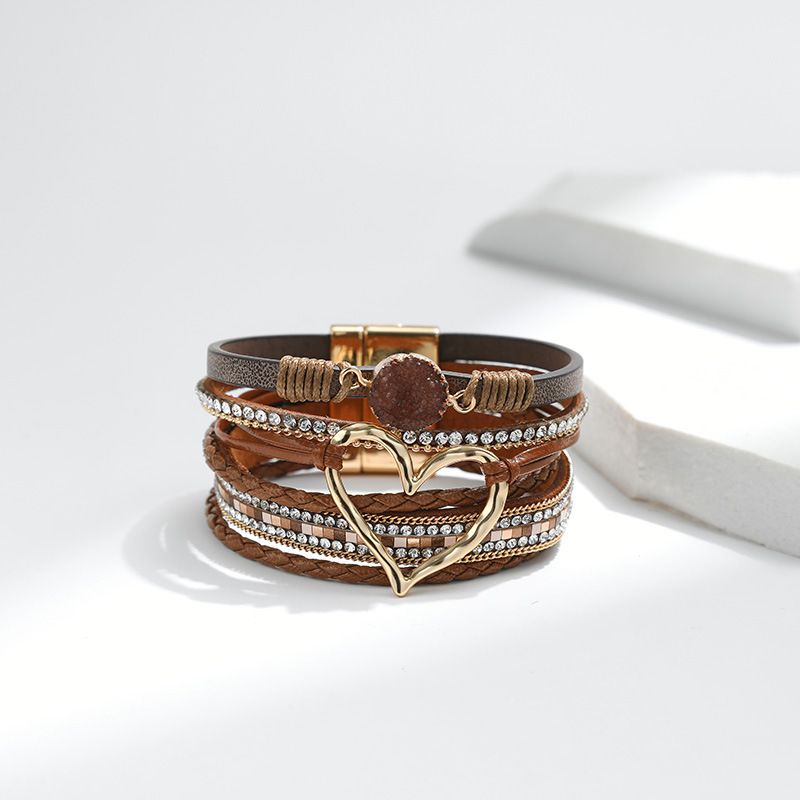 Set di bracciali a strati bohémien - Bracciale rigido regolabile a cuore aperto e catena con perline_voghion.com