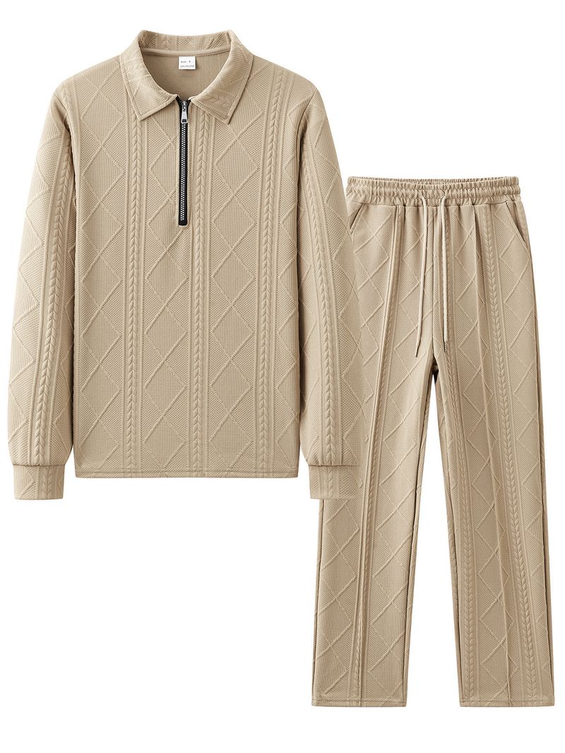 Conjunto de polo y sudadera con rayas de trigo texturizado para hombre: conjunto retro de manga larga con capas para uso informal._voghion.com