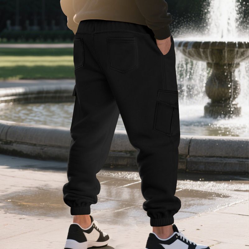 Autumn Winter Fleece Drawstring Men's Loose Casual Sports Multi-Pocket Cargo Pants_voghion.com