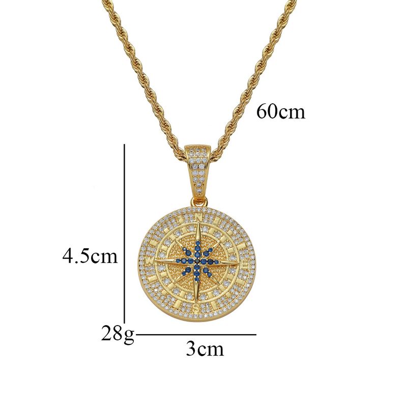 Collana con ciondolo a forma di bussola in rame, stile hip hop, da uomo e da donna, con zirconi intarsiati in rame e ciondolo a forma di croce._voghion.com