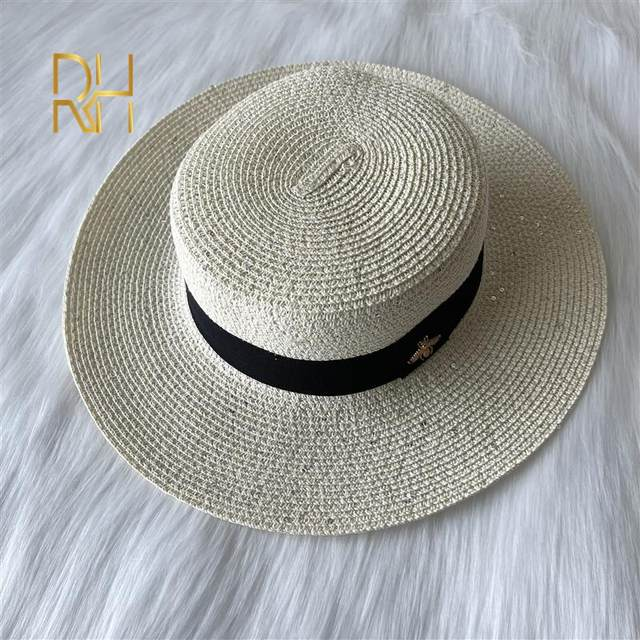 Mote paljetter Solkrem Papir Stråhatt Vår Sommer Britisk Flat Topp Panama Solskjerm Golden Bee Beach Hat_voghion.com