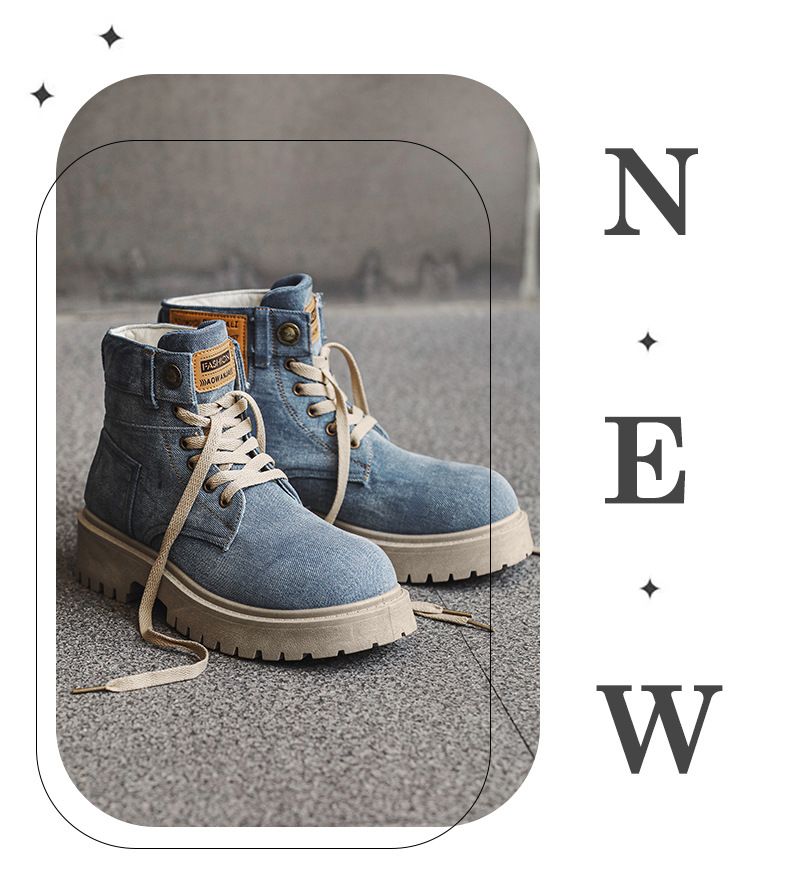 Men's Chunky Sole Cowboy Denim Ankle Boots - Retro Work Boots With Mid-Calf Height & Lace-Up Design For Casual & Streetwear_voghion.com
