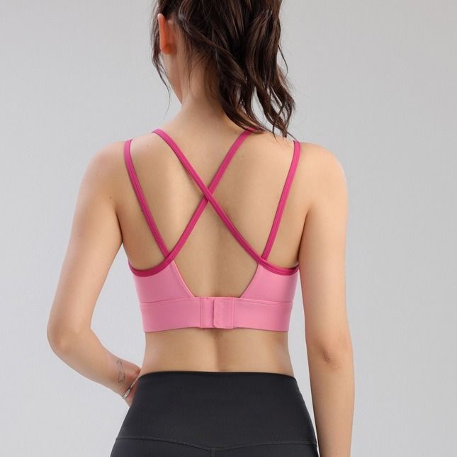 Color Block Splicing Thin Strap Sports For Women Running Shockproof Cross Back One-Piece Outerwear Yoga Bra Summer_voghion.com