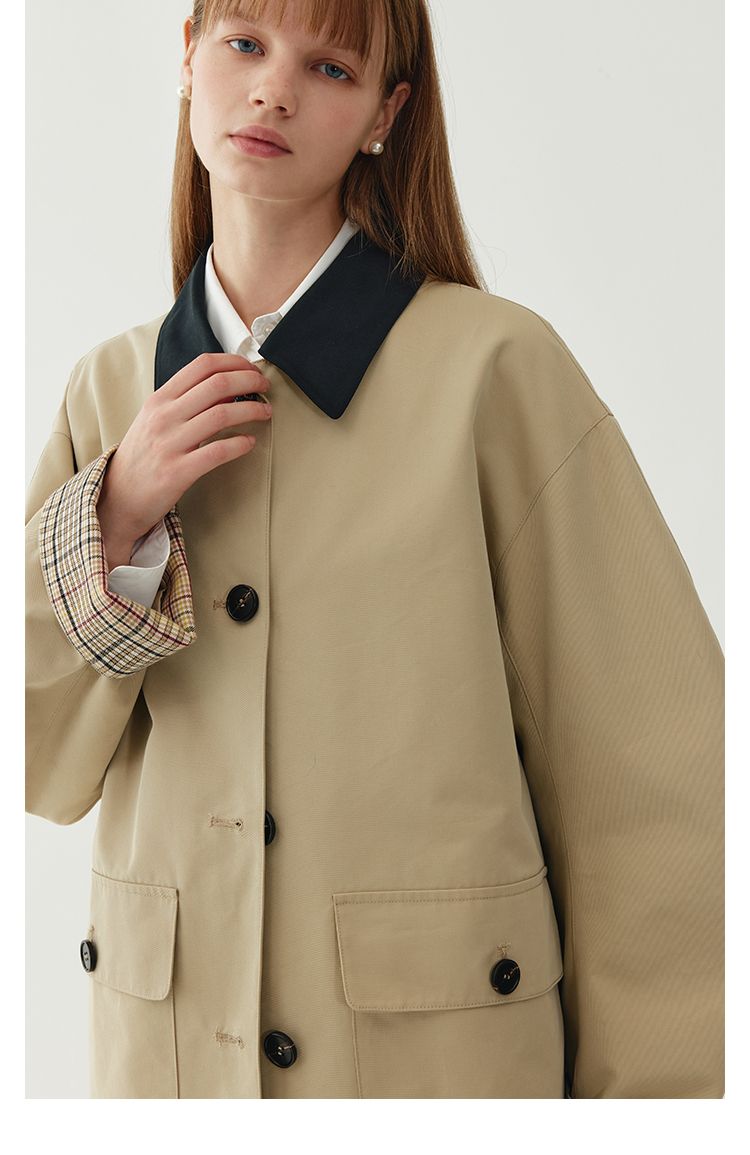 Style Short Trench For Women With Design Sense 2025 Autumn Turn-Down Collar Color-Block Oversized Coat_voghion.com