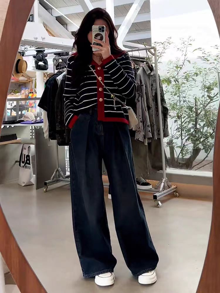 Sriped Navy Collar 100% Pure Wool Cardigan For Women 2025 Auumn Winer New Loose Color Block Cashmere Kni Sweaer_voghion.com