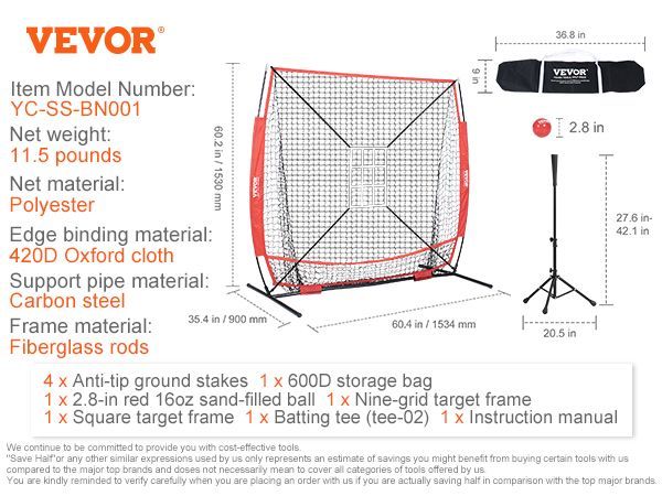 VEVOR 5x5 Ft Baseball Softball Practice Net, Portable Baseball Training Net For Hitting Batting Catching Pitching, Backstop Baseball Equipment With Bow Frame, Carry Bag, Strike Zone, Ball, Batting Tee_voghion.com