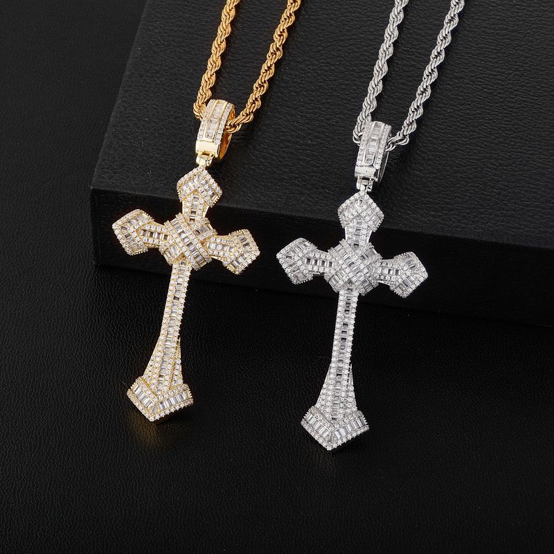 Men And Women's Jewelry Hip Hop Cross Pendant Necklace With Cubic Zirconia, Trendy Unisex Fashion Accessory, 24-Inch Twisted Chain In Gold Or Silver_voghion.com