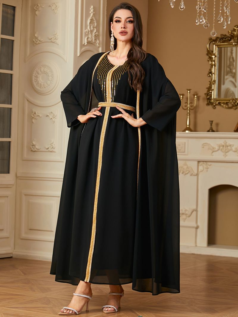 Vêtements pour femmes transfrontaliers du Moyen-Orient Robe arabe Mode paillettes broderie mousseline de soie deux pièces robe Europe et Amérique_voghion.com