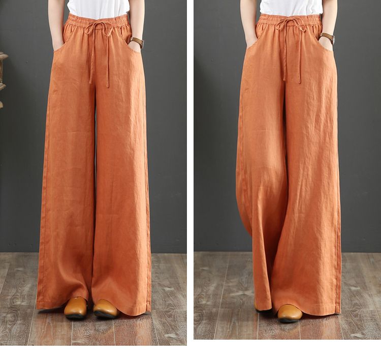 2023 Spring Summer Korean Cotton Loose Plus Size Wide Leg High Waist Floor-Length Straight Linen Women's Pants_voghion.com