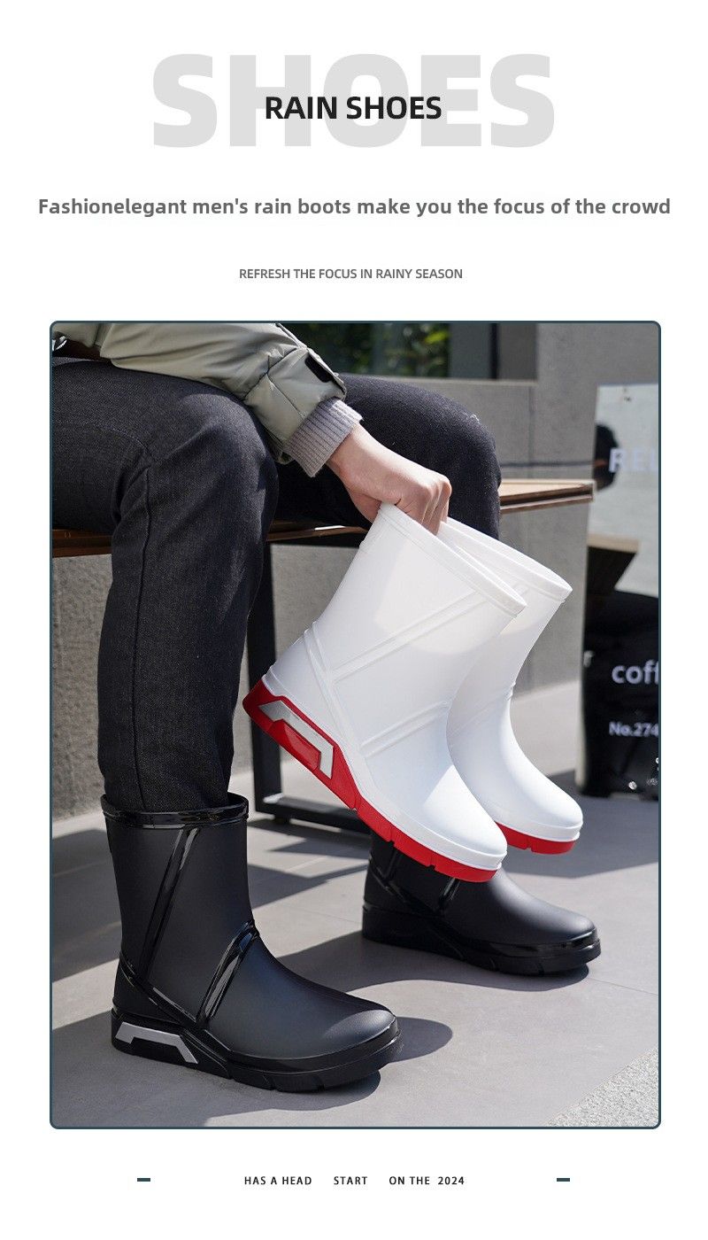 Modische flache Herren-Regenschuhe, mittlere Röhre, rutschfest, wasserdicht, Angelschuhe, Baustellen-/Küchen-Wasserschuhe für Herren_voghion.com