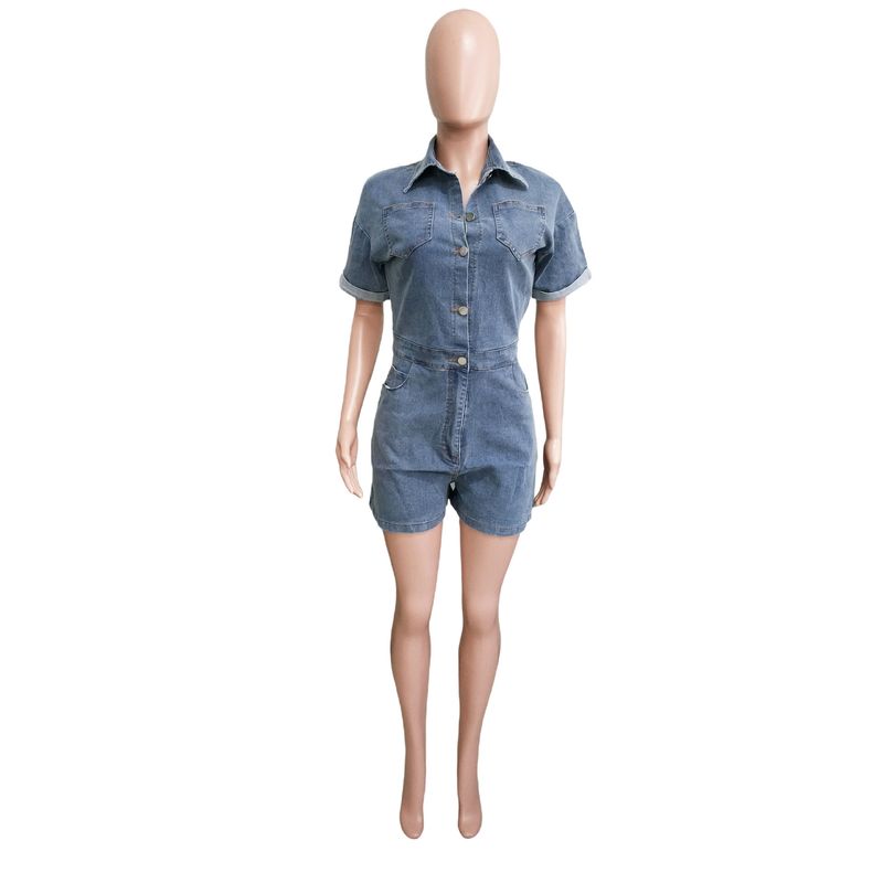 Salopetă din denim spălat, cu mânecă scurtă și elastică, lejeră, pentru femei_voghion.com