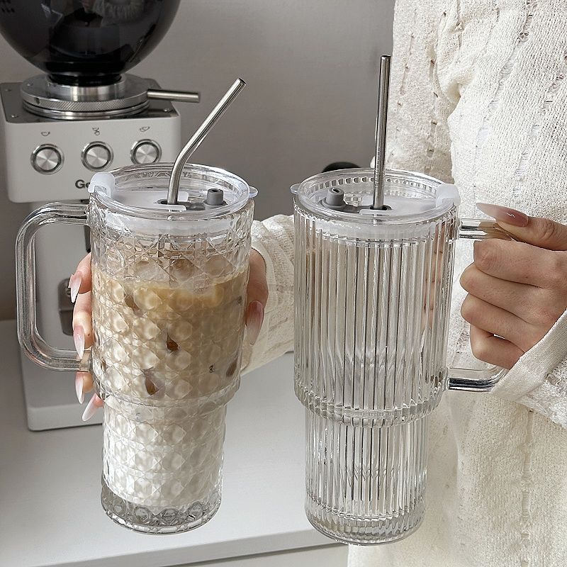 Caneca gigante com alça e canudo, copo de grande capacidade para mulheres, caneca de café de escritório de alto valor com tampa_voghion.com