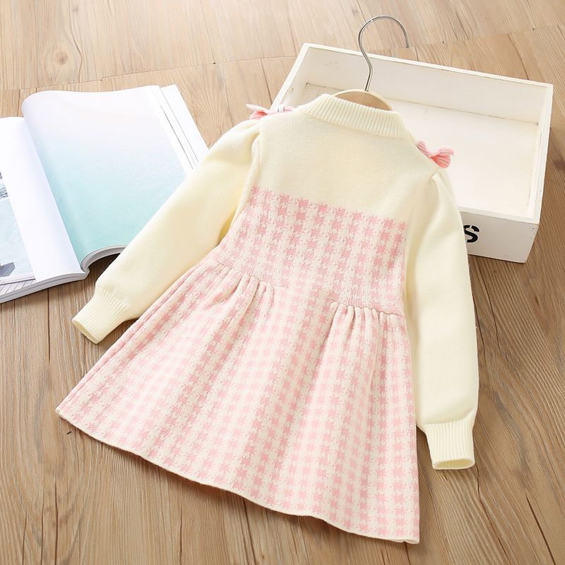 Mädchenkleid, ausgefallenes kleines Mädchen, süßer Strickpullover mit Schleife, Kinderkleid_voghion.com