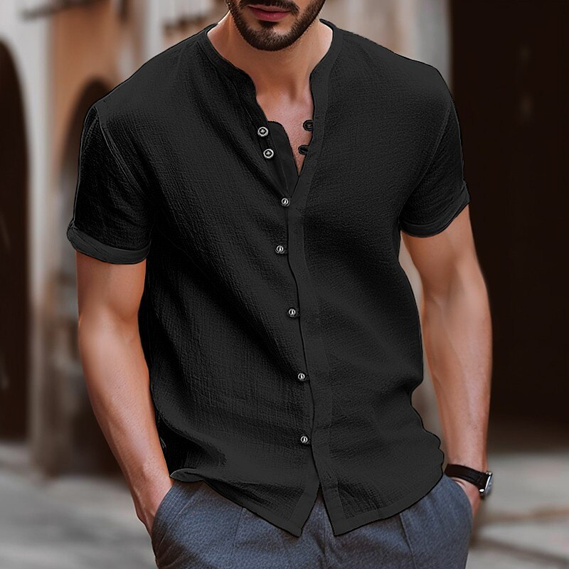 Camicia da uomo retrò in lino a maniche corte - Camicia casual traspirante dalla vestibilità ampia per la primavera estate (beige/kaki/blu)_voghion.com