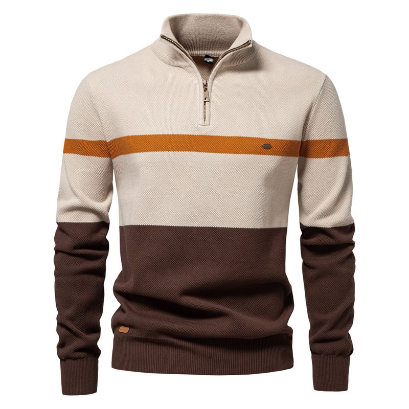 Stand-up Collar Men's Sweater Half Zipper Color Matching Knitted Sweater Quality Men's Clothing_voghion.com