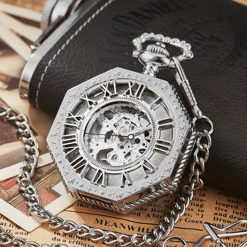 Hot Selling Hollow Engraved Octagonal Mechanical Pocket Watch Roman Blue Numerals_voghion.com