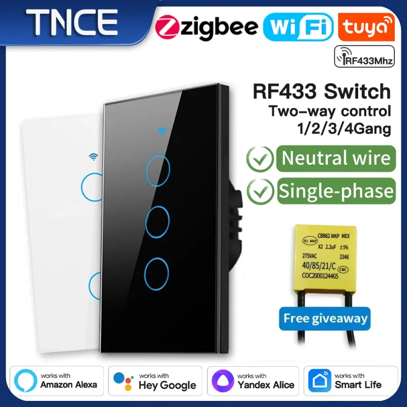Interruttore Tuya US CE da 1/2/3/4 Gang WiFi Zigbee, senza neutro/filo, pulsante a parete per il controllo della luce LED, funzione vocale intelligente con Alexa_voghion.com