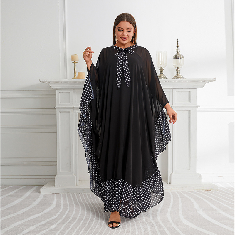 Camisa holgada de murciélago de talla grande para mujer con vestido burqa tipo bata a juego con estampado de lunares y lazo_voghion.com
